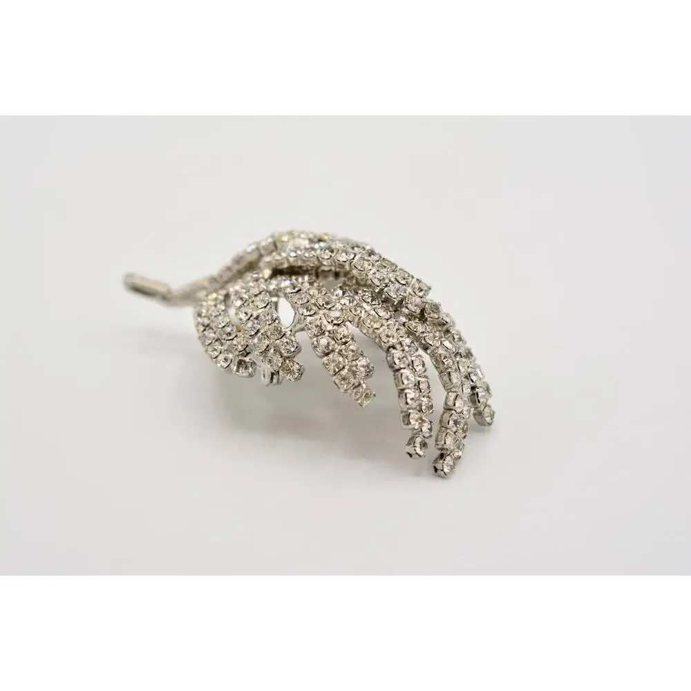 Vintage Crystal 3D Leaf Pin Brooch Baguette Prong Rhinestone Silver 1960s BinAL